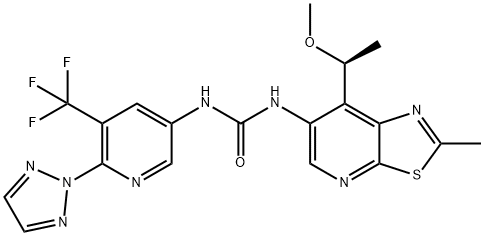 Urea, N-[7-[(1S)-1-methoxyethyl]-2-methylthiazolo[5,4-b]pyridin-6-yl]-N'-[6-(2H-1,2,3-triazol-2-yl)-5-(trifluoromethyl)-3-pyridinyl]- Struktur