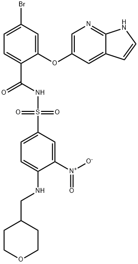 Benzamide, 4-bromo-N-[[3-nitro-4-[[(tetrahydro-2H-pyran-4-yl)methyl]amino]phenyl]sulfonyl]-2-(1H-pyrrolo[2,3-b]pyridin-5-yloxy)- Struktur