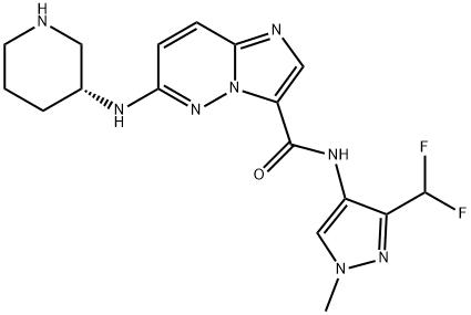 Imidazo[1,2-b]pyridazine-3-carboxamide, N-[3-(difluoromethyl)-1-methyl-1H-pyrazol-4-yl]-6-[(3R)-3-piperidinylamino]- Struktur