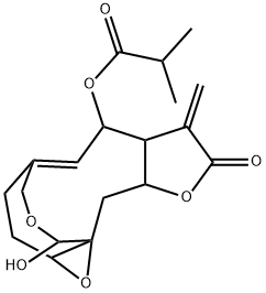 2-Methylpropanoic acid [1a,2,6,6a,7,8,9a,10-octahydro-11-hydroxy-7-methylene-8-oxo-3H-4,10a-(methanoxymethano)oxireno[8,9]cyclodeca[1,2-b]furan-6-yl] ester Struktur