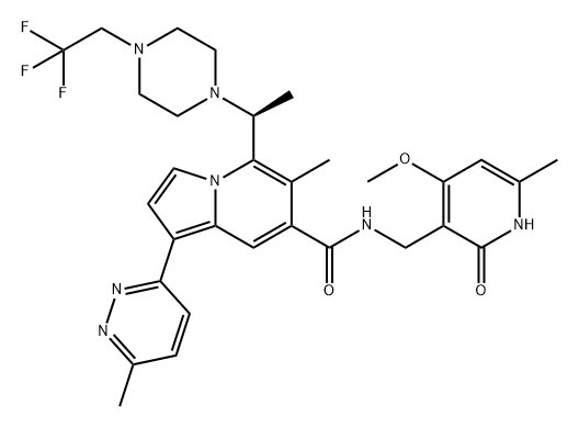 7-Indolizinecarboxamide, N-[(1,2-dihydro-4-methoxy-6-methyl-2-oxo-3-pyridinyl)methyl]-6-methyl-1-(6-methyl-3-pyridazinyl)-5-[(1S)-1-[4-(2,2,2-trifluoroethyl)-1-piperazinyl]ethyl]- Struktur