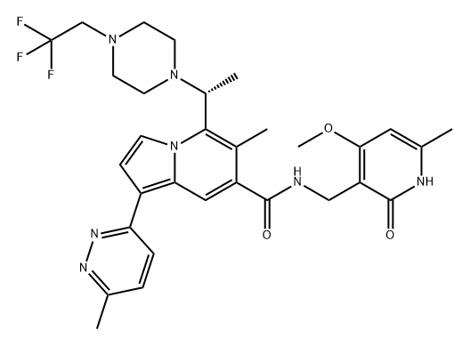 7-Indolizinecarboxamide, N-[(1,2-dihydro-4-methoxy-6-methyl-2-oxo-3-pyridinyl)methyl]-6-methyl-1-(6-methyl-3-pyridazinyl)-5-[(1R)-1-[4-(2,2,2-trifluoroethyl)-1-piperazinyl]ethyl]- Struktur