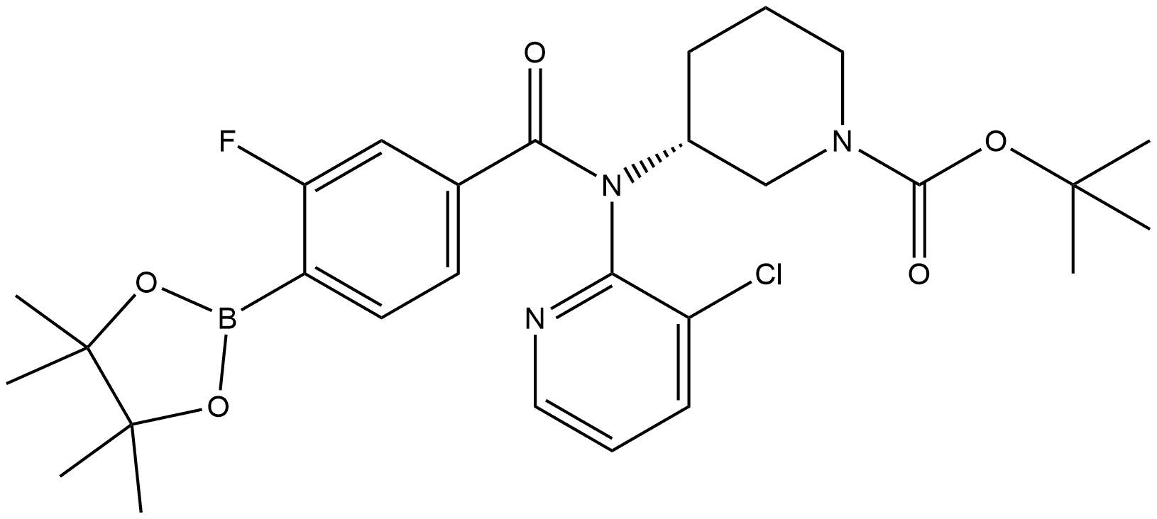 tert - butyl ( R ) -3- ( N- ( 3 - chloropyridin - 2 - yl ) -3 - fluoro - 4- ( 4,4,5,5 - tetramethyl - 1,3,2 - dioxabo Struktur