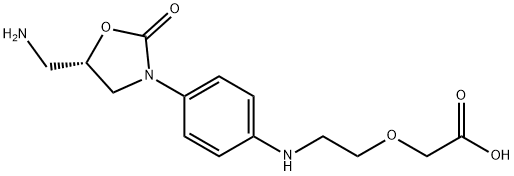 Acetic acid, 2-[2-[[4-[(5S)-5-(aminomethyl)-2-oxo-3-oxazolidinyl]phenyl]amino]ethoxy]- Struktur