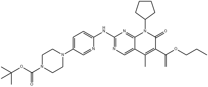 1-Piperazinecarboxylic acid, 4-[6-[[8-cyclopentyl-7,8-dihydro-5-methyl-7-oxo-6-(1-propoxyethenyl)pyrido[2,3-d]pyrimidin-2-yl]amino]-3-pyridinyl]-, 1,1-dimethylethyl ester Struktur