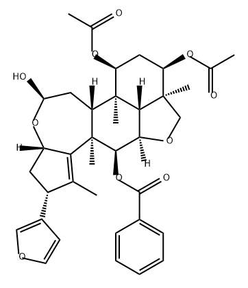 3H,5H-Cyclopent[a]isobenzofuro[7,1-gh][3]benzoxepin-5,7,9,12-tetrol, 2-(3-furanyl)-2,3a,6,6a,6b,7,8,9,9a,10,11a,11b,12,12a-tetradecahydro-1,6b,9a,12a-tetramethyl-, 7,9-diacetate 12-benzoate, (2R,3aS,5R,6aR,6bR,7S,9R,9aR,11aR,11bR,12S,12aR)- Struktur