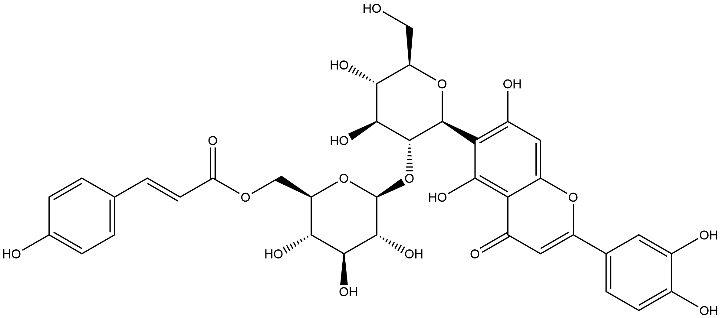 4H-1-Benzopyran-4-one, 2-(3,4-dihydroxyphenyl)-5,7-dihydroxy-6-[2-O-[6-O-[(2E)-3-(4-hydroxyphenyl)-1-oxo-2-propen-1-yl]-β-D-glucopyranosyl]-β-D-glucopyranosyl]- Struktur