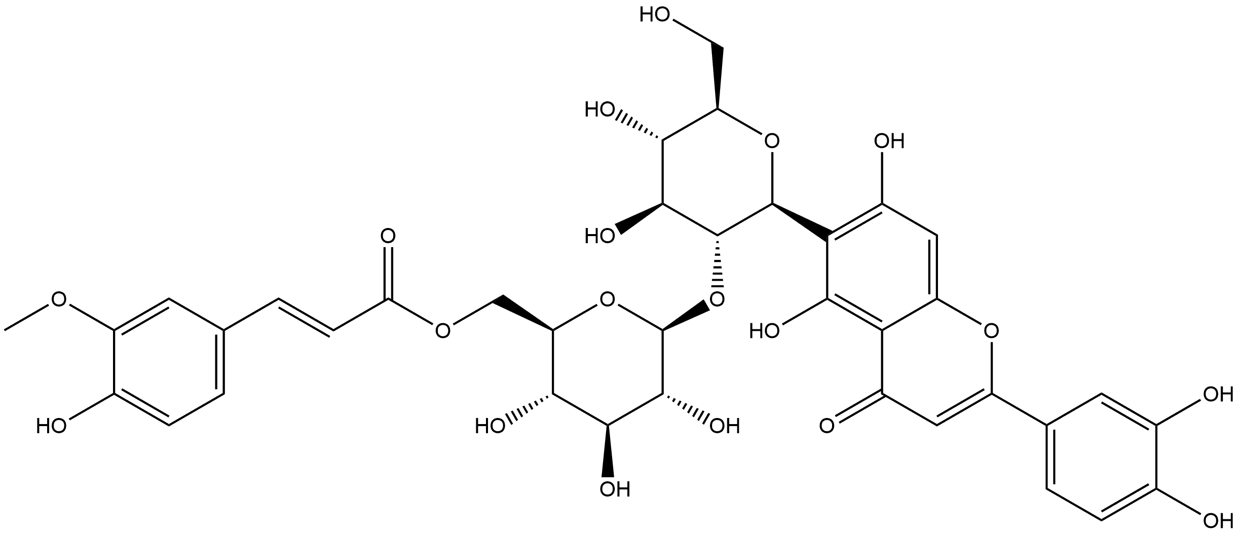 4H-1-Benzopyran-4-one, 2-(3,4-dihydroxyphenyl)-5,7-dihydroxy-6-[2-O-[6-O-[(2E)-3-(4-hydroxy-3-methoxyphenyl)-1-oxo-2-propen-1-yl]-β-D-glucopyranosyl]-β-D-glucopyranosyl]- Struktur