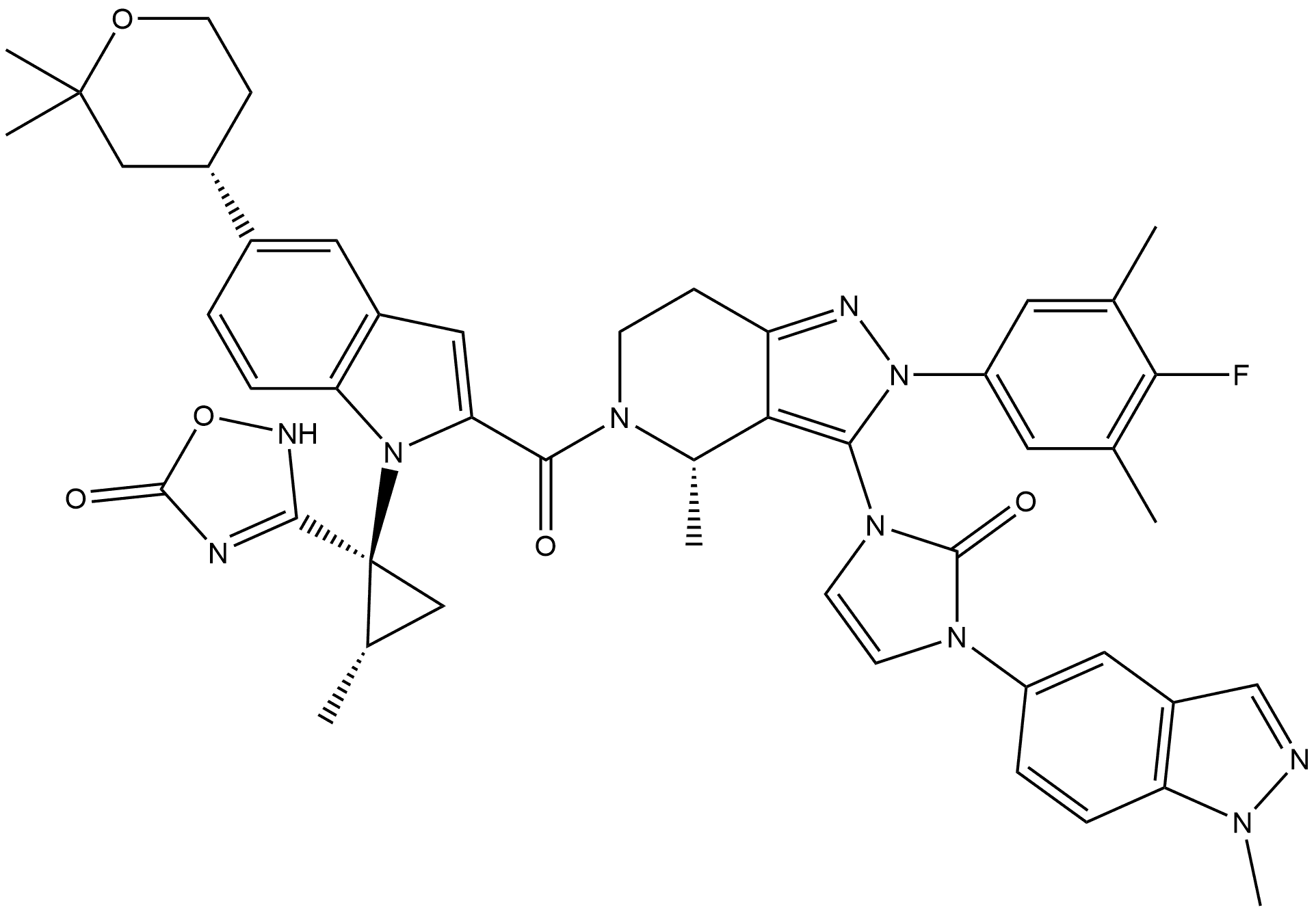 3-[(1S,2S)-1-[2-[[(4S)-3-[2,3-Dihydro-3-(1-methyl-1H-indazol-5-yl)-2-oxo-1H-imidazol-1-yl]-2-(4-fluoro-3,5-dimethylphenyl)-2,4,6,7-tetrahydro-4-methyl-5H-pyrazolo[4,3-c]pyridin-5-yl]carbonyl]-5-[(4S)-tetrahydro-2,2-dimethyl-2H-pyran-4-yl]-1H-indol-1-yl]-2-methylcyclopropyl]-1,2,4-oxadiazol-5(2H)-one Struktur