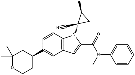 1H-Indole-2-carboxamide, 1-[(1S,2S)-1-cyano-2-methylcyclopropyl]-N-methyl-N-phenyl-5-[(4S)-tetrahydro-2,2-dimethyl-2H-pyran-4-yl]- Struktur