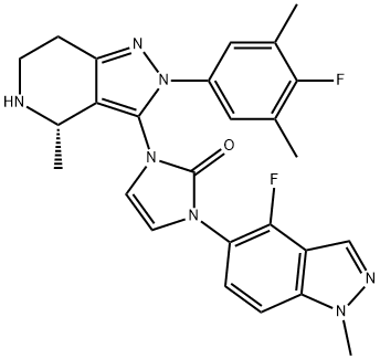 2H-Imidazol-2-one, 1-[(4S)-2-(4-fluoro-3,5-dimethylphenyl)-4,5,6,7-tetrahydro-4-methyl-2H-pyrazolo[4,3-c]pyridin-3-yl]-3-(4-fluoro-1-methyl-1H-indazol-5-yl)-1,3-dihydro- Struktur