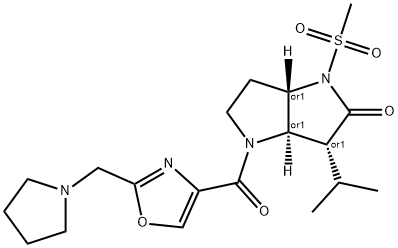 Pyrrolo[3,2-b]pyrrol-2(1H)-one, hexahydro-3-(1-methylethyl)-1-(methylsulfonyl)-4-[[2-(1-pyrrolidinylmethyl)-4-oxazolyl]carbonyl]-, (3R,3aR,6aS)-rel- Struktur