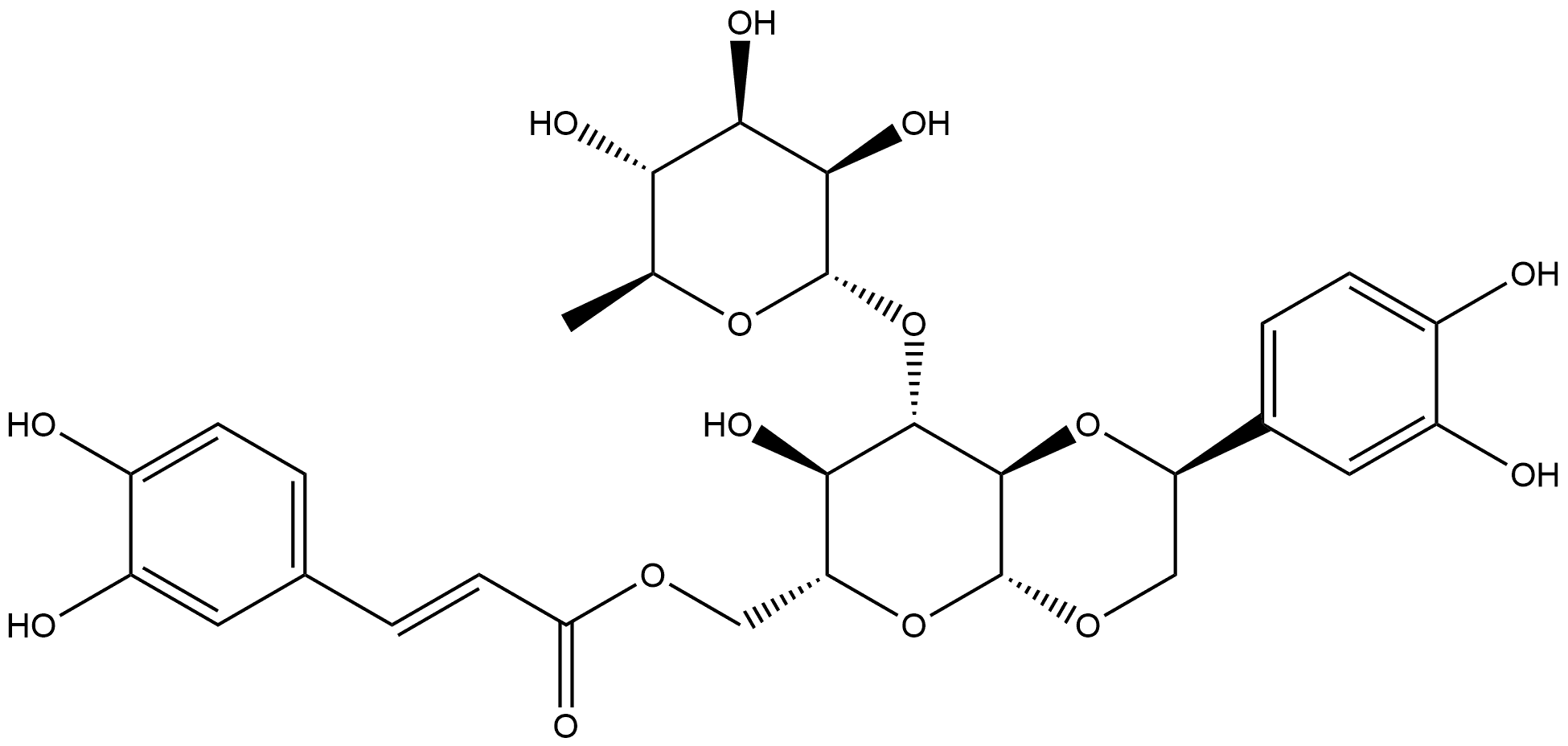 β-D-Glucopyranose, 3-O-(6-deoxy-α-L-mannopyranosyl)-1,2-O-[(2S)-2-(3,4-dihydroxyphenyl)-1,2-ethanediyl]-, 6-[(2E)-3-(3,4-dihydroxyphenyl)-2-propenoate] Struktur