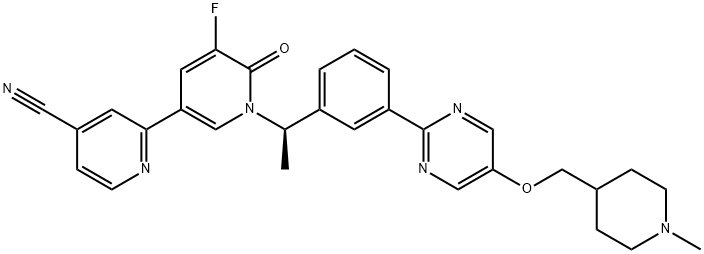 [2,3'-Bipyridine]-4-carbonitrile, 5'-fluoro-1',6'-dihydro-1'-[(1R)-1-[3-[5-[(1-methyl-4-piperidinyl)methoxy]-2-pyrimidinyl]phenyl]ethyl]-6'-oxo- Struktur