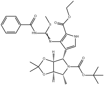 5H-1,3-Dioxolo4,5-cpyrrole-5-carboxylic acid, 4-4-(benzoylamino)(methylthio)methyleneamino-5-(ethoxycarbonyl)-1H-pyrrol-3-yltetrahydro-2,2,6-trimethyl-, 1,1-dimethylethyl ester, (3aS,4S,6R,6aR)- Struktur