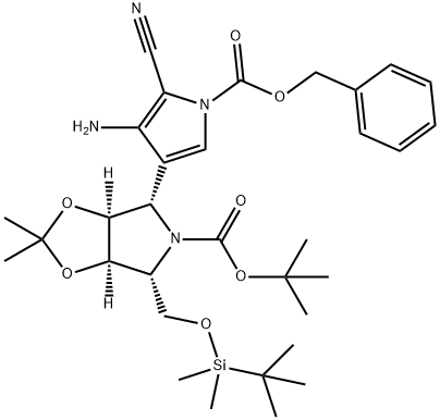 5H-1,3-Dioxolo4,5-cpyrrole-5-carboxylic acid, 4-4-amino-5-cyano-1-(phenylmethoxy)carbonyl-1H-pyrrol-3-yl-6-(1,1-dimethylethyl)dimethylsilyloxymethyltetrahydro-2,2-dimethyl-, 1,1-dimethylethyl ester, (3aS,4S,6R,6aR)- Struktur