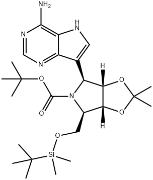 5H-1,3-Dioxolo4,5-cpyrrole-5-carboxylic acid, 4-(4-amino-5H-pyrrolo3,2-dpyrimidin-7-yl)-6-(1,1-dimethylethyl)dimethylsilyloxymethyltetrahydro-2,2-dimethyl-, 1,1-dimethylethyl ester, (3aS,4S,6R,6aR)- Struktur