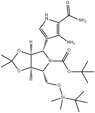 5H-1,3-Dioxolo4,5-cpyrrole-5-carboxylic acid, 4-4-amino-5-(aminocarbonyl)-1H-pyrrol-3-yl-6-(1,1-dimethylethyl)dimethylsilyloxymethyltetrahydro-2,2-dimethyl-, 1,1-dimethylethyl ester, (3aS,4S,6R,6aR)- Struktur