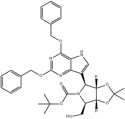 5H-1,3-Dioxolo4,5-cpyrrole-5-carboxylic acid, 4-2,4-bis(phenylmethoxy)-5H-pyrrolo3,2-dpyrimidin-7-yltetrahydro-6-(hydroxymethyl)-2,2-dimethyl-, 1,1-dimethylethyl ester, (3aS,4S,6R,6aR)- Struktur