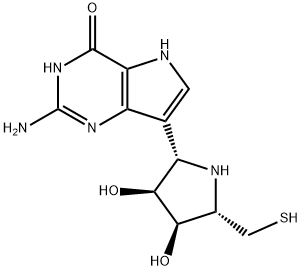 4H-Pyrrolo3,2-dpyrimidin-4-one, 2-amino-7-(2S,3S,4R,5S)-3,4-dihydroxy-5-(mercaptomethyl)-2-pyrrolidinyl-1,5-dihydro- Struktur