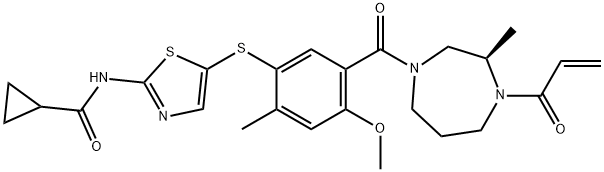 Cyclopropanecarboxamide, N-[5-[[5-[[(3R)-hexahydro-3-methyl-4-(1-oxo-2-propen-1-yl)-1H-1,4-diazepin-1-yl]carbonyl]-4-methoxy-2-methylphenyl]thio]-2-thiazolyl]- Struktur