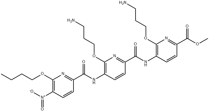 2-Pyridinecarboxylic acid, 6-(3-aminopropoxy)-5-[[[6-(3-aminopropoxy)-5-[[(6-butoxy-5-nitro-2-pyridinyl)carbonyl]amino]-2-pyridinyl]carbonyl]amino]-, methyl ester Struktur