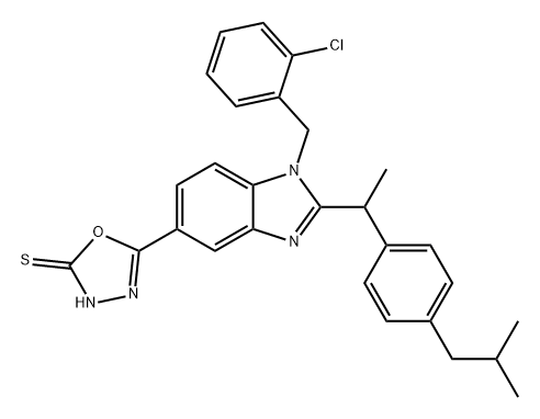 1,3,4-Oxadiazole-2(3H)-thione, 5-[1-[(2-chlorophenyl)methyl]-2-[1-[4-(2-methylpropyl)phenyl]ethyl]-1H-benzimidazol-5-yl]- Struktur