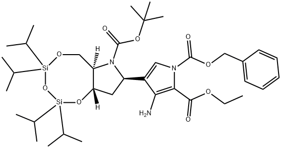 1H-Pyrrole-1,2-dicarboxylic acid, 3-amino-4-(6aR,8R,9aS)-7-(1,1-dimethylethoxy)carbonylhexahydro-2,2,4,4-tetrakis(1-methylethyl)-1,3,5,2,4-trioxadisilocino7,6-bpyrrol-8-yl-, 2-ethyl 1-(phenylmethyl) ester Struktur