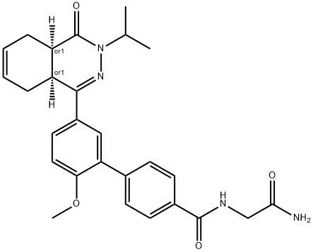 [1,1'-Biphenyl]-4-carboxamide, N-(2-amino-2-oxoethyl)-5'-[(4aR,8aS)-3,4,4a,5,8,8a-hexahydro-3-(1-methylethyl)-4-oxo-1-phthalazinyl]-2'-methoxy-, rel- Struktur