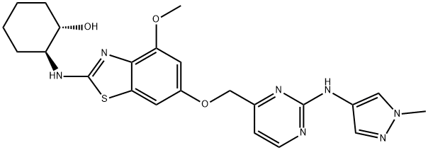 Cyclohexanol, 2-[[4-methoxy-6-[[2-[(1-methyl-1H-pyrazol-4-yl)amino]-4-pyrimidinyl]methoxy]-2-benzothiazolyl]amino]-, (1S,2S)- Struktur