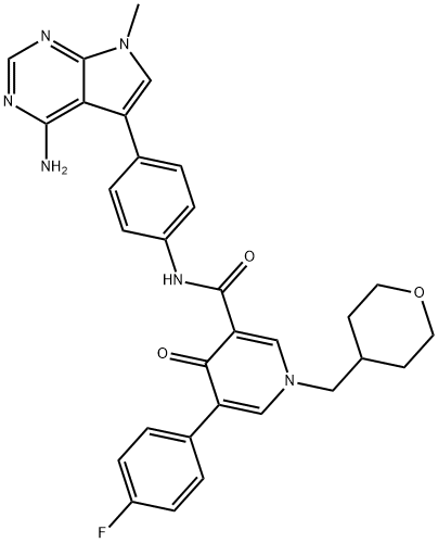 3-Pyridinecarboxamide, N-[4-(4-amino-7-methyl-7H-pyrrolo[2,3-d]pyrimidin-5-yl)phenyl]-5-(4-fluorophenyl)-1,4-dihydro-4-oxo-1-[(tetrahydro-2H-pyran-4-yl)methyl]- Struktur