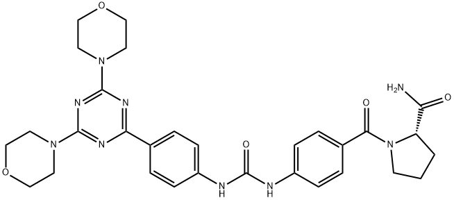 2-Pyrrolidinecarboxamide, 1-[4-[[[[4-(4,6-di-4-morpholinyl-1,3,5-triazin-2-yl)phenyl]amino]carbonyl]amino]benzoyl]-, (2S)- Struktur