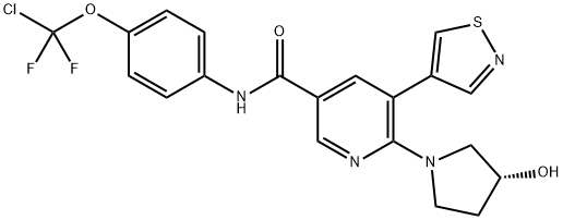 3-Pyridinecarboxamide, N-[4-(chlorodifluoromethoxy)phenyl]-6-[(3R)-3-hydroxy-1-pyrrolidinyl]-5-(4-isothiazolyl)- Struktur