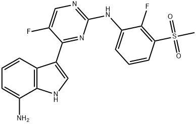 1H-Indol-7-amine, 3-[5-fluoro-2-[[2-fluoro-3-(methylsulfonyl)phenyl]amino]-4-pyrimidinyl]- Struktur