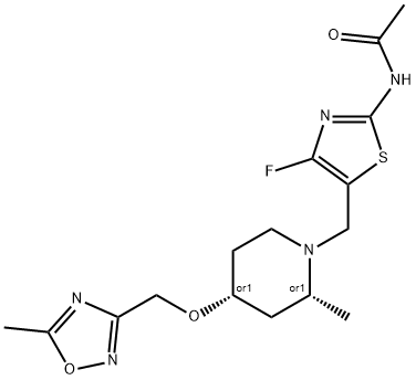 Acetamide, N-[4-fluoro-5-[[(2R,4R)-2-methyl-4-[(5-methyl-1,2,4-oxadiazol-3-yl)methoxy]-1-piperidinyl]methyl]-2-thiazolyl]-, rel- Struktur