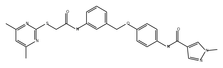 1H-Pyrazole-4-carboxamide, N-[4-[[3-[[2-[(4,6-dimethyl-2-pyrimidinyl)thio]acetyl]amino]phenyl]methoxy]phenyl]-1-methyl- Struktur