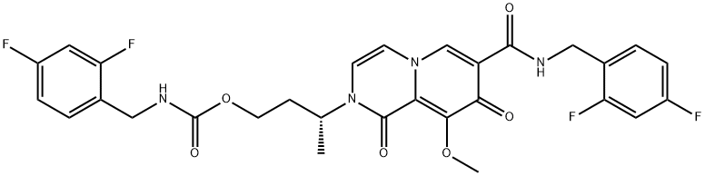 Carbamic acid, N-[(2,4-difluorophenyl)methyl]-, (3R)-3-[7-[[[(2,4-difluorophenyl)methyl]amino]carbonyl]-1,8-dihydro-9-methoxy-1,8-dioxo-2H-pyrido[1,2-a]pyrazin-2-yl]butyl ester Struktur