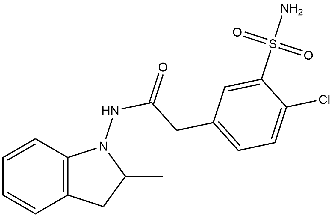 3-(Aminosulfonyl)-4-chloro-N-(2,3-dihydro-2-methyl-1H-indol-1-yl)benzeneacetamide Struktur