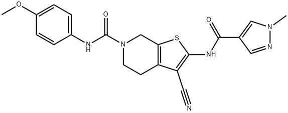 Thieno[2,3-c]pyridine-6(5H)-carboxamide, 3-cyano-4,7-dihydro-N-(4-methoxyphenyl)-2-[[(1-methyl-1H-pyrazol-4-yl)carbonyl]amino]- Struktur