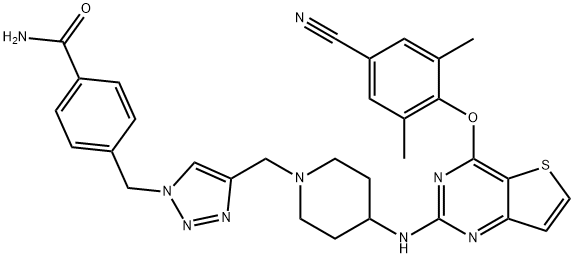 Benzamide, 4-[[4-[[4-[[4-(4-cyano-2,6-dimethylphenoxy)thieno[3,2-d]pyrimidin-2-yl]amino]-1-piperidinyl]methyl]-1H-1,2,3-triazol-1-yl]methyl]- Struktur