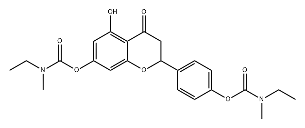 Carbamic acid, N-ethyl-N-methyl-, 4-[7-[[(ethylmethylamino)carbonyl]oxy]-3,4-dihydro-5-hydroxy-4-oxo-2H-1-benzopyran-2-yl]phenyl ester Struktur