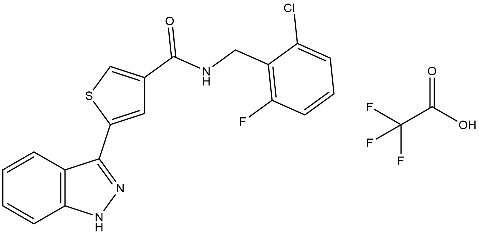 3-Thiophenecarboxamide, N-[(2-chloro-6-fluorophenyl)methyl]-5-(1H-indazol-3-yl)-, 2,2,2-trifluoroacetate (1:1) Struktur