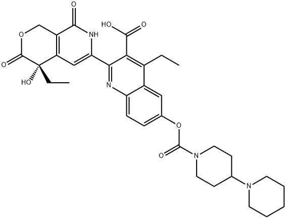 3-?Quinolinecarboxylic acid, 6-?[([1,?4'-?bipiperidin]?-?1'-?ylcarbonyl)?oxy]?-?4-?ethyl-?2-?[(4S)?-?4-?ethyl-?3,?4,?7,?8-?tetrahydro-?4-?hydroxy-?3,?8-?dioxo-?1H-?pyrano[3,?4-?c]?pyridin-?6-?yl]?- Struktur