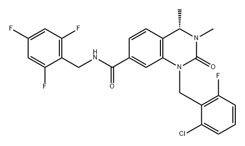 7-Quinazolinecarboxamide, 1-[(2-chloro-6-fluorophenyl)methyl]-1,2,3,4-tetrahydro-3,4-dimethyl-2-oxo-N-[(2,4,6-trifluorophenyl)methyl]-, (4S)- Struktur