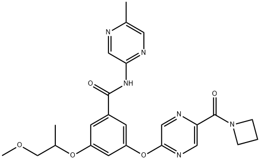 Benzamide, 3-[[5-(1-azetidinylcarbonyl)-2-pyrazinyl]oxy]-5-(2-methoxy-1-methylethoxy)-N-(5-methyl-2-pyrazinyl)- Struktur