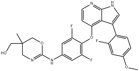 4H-1,3-Oxazine-5-methanol, 2-[[3,5-difluoro-4-[[3-(2-fluoro-4-methoxyphenyl)-1H-pyrrolo[2,3-b]pyridin-4-yl]oxy]phenyl]amino]-5,6-dihydro-5-methyl- Struktur