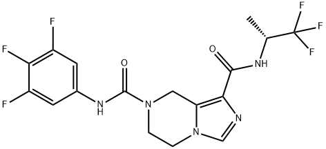 Imidazo[1,5-a]pyrazine-1,7(8H)-dicarboxamide, 5,6-dihydro-N1-[(1R)-2,2,2-trifluoro-1-methylethyl]-N7-(3,4,5-trifluorophenyl)- Struktur