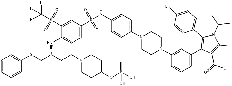 1H-Pyrrole-3-carboxylic acid, 5-(4-chlorophenyl)-2-methyl-1-(1-methylethyl)-4-[3-[4-[4-[[[4-[[(1R)-1-[(phenylthio)methyl]-3-[4-(phosphonooxy)-1-piperidinyl]propyl]amino]-3-[(trifluoromethyl)sulfonyl]phenyl]sulfonyl]amino]phenyl]-1-piperazinyl]phenyl]- Struktur