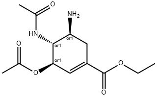 1-Cyclohexene-1-carboxylic acid, 4-(acetylamino)-3-(acetyloxy)-5-amino-, ethyl ester, (3R,4R,5S)-rel- Struktur