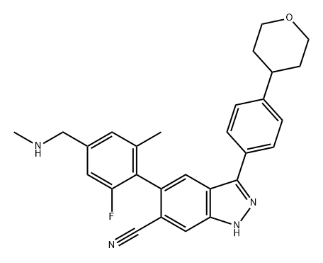 1H-Indazole-6-carbonitrile, 5-[2-fluoro-6-methyl-4-[(methylamino)methyl]phenyl]-3-[4-(tetrahydro-2H-pyran-4-yl)phenyl]- Struktur